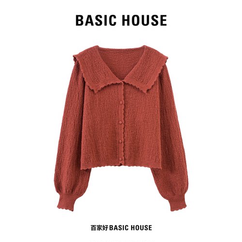 Basic House/百家好气质波浪边大翻领针织开衫泡泡长袖单排扣上衣