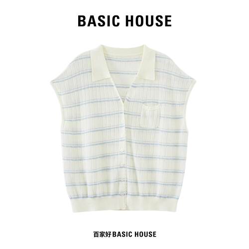 Basic House/百家好简约通勤polo领条纹针织衫女夏季薄款无袖上衣