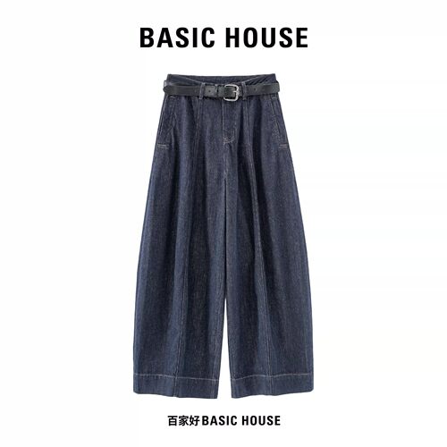 Basic House/百家好气质高腰阔腿牛仔裤女早秋卷边裤脚复古直筒裤