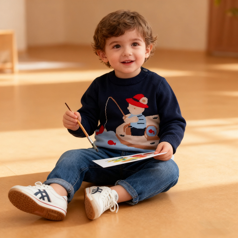 日系男女童秋冬季新款卡通小熊钓鱼毛衣保暖舒适中小童套头上衣