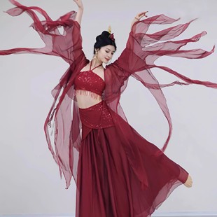 纱衣古风舞蹈演出服套装 新款 古典舞蹈服超仙气飘逸酒红色花瓣袖