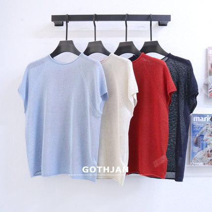 GOTHJAN进口和纸纱镂空短袖针织衫女夏季新款卷边t恤棉麻上衣红色