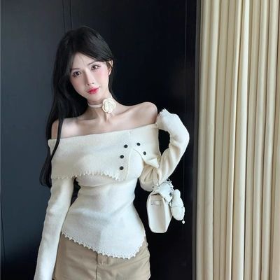 设计感翻领一字肩长袖针