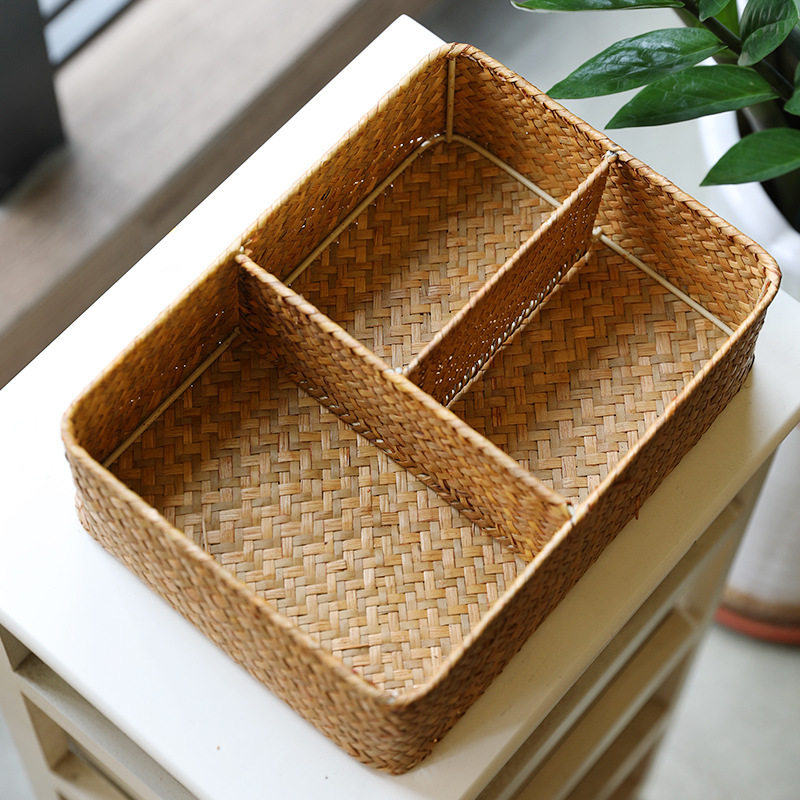 草编桌面分格收纳盒茶几