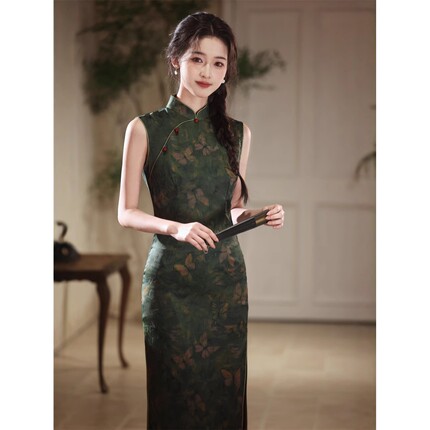 日式2025春夏新款无袖仿醋酸提花印花长款旗袍复古修身气质女旗袍