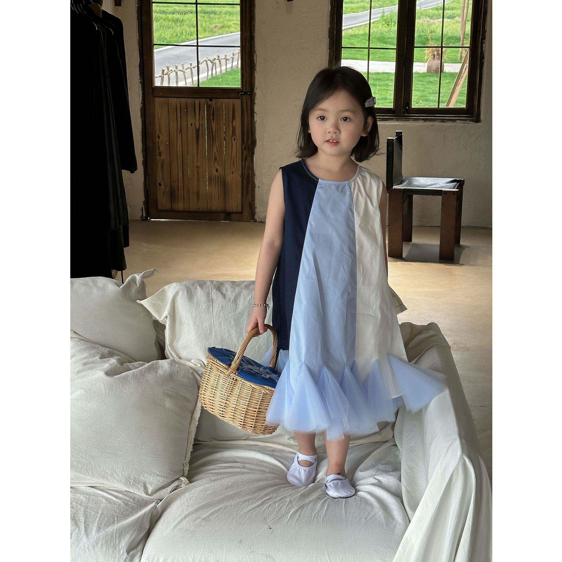 女童无袖竖条纹拼色不规则洋气连连衣裙