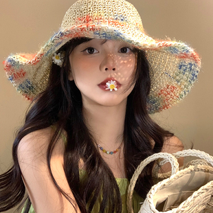 海邊度假遮陽防曬帽透氣鏤空大帽檐顯臉小帽子 彩色編織草帽女夏季