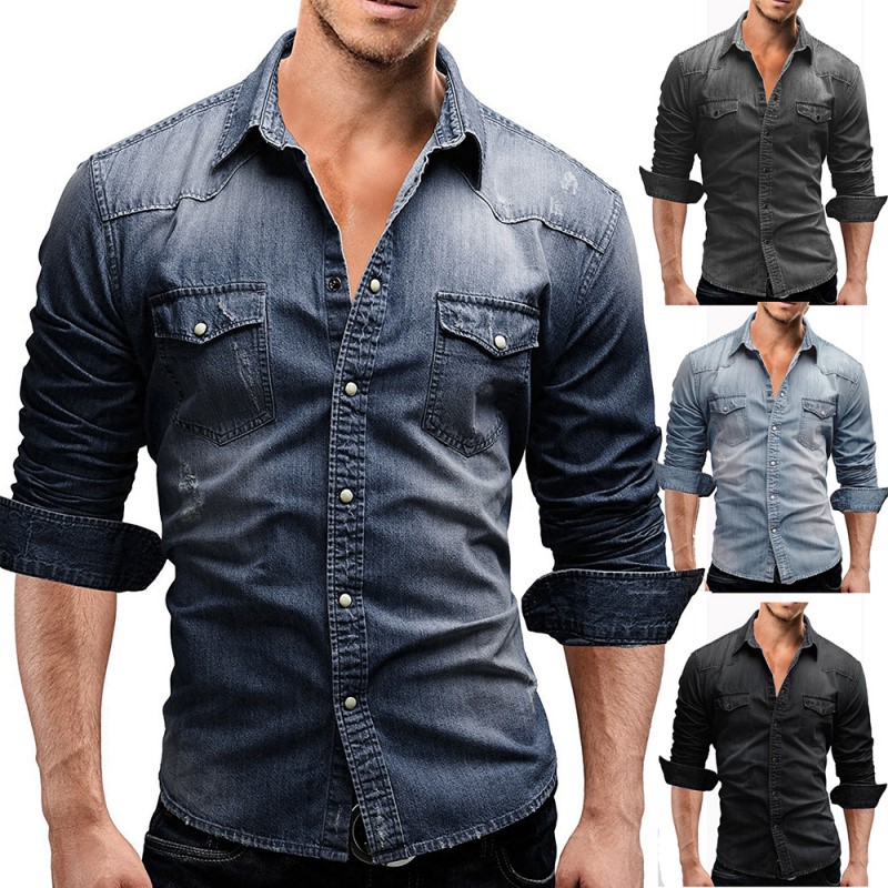 男牛仔衬衫 Jeans shirt desgin Men cowboy cotton denim Shirts-封面