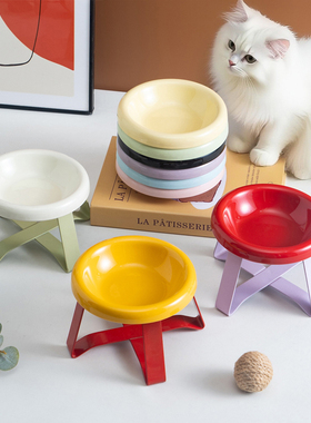 马卡龙配色猫碗高颜值防打翻猫粮碗护颈高脚喝水碗陶瓷宠物碗SW35