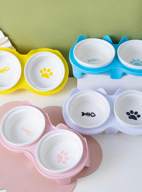 陶瓷猫食盆猫咪饭碗双碗斜口狗碗喝水碗保护颈椎防打翻用品SW023