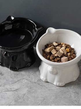 陶瓷可爱猫碗黑色喝水高脚猫食盆狗碗防打翻猫粮碗宠物用品SW025