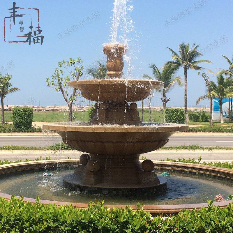 黄锈石喷泉小区户外景观石雕流水喷泉欧式双层喷水池跌水钵雕刻