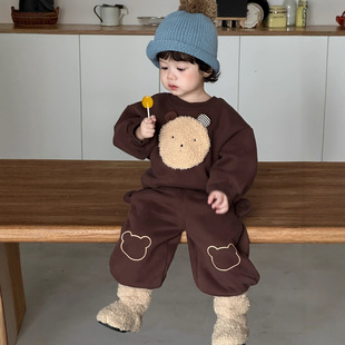 宝宝小熊卫衣加厚套头衫裤子两件套秋冬童装男童加厚绒衫卫裤套装
