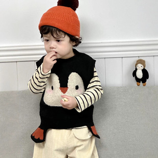 宝宝企鹅针织背心内搭婴幼儿马甲打底衫过年男童休闲无袖毛衫年服