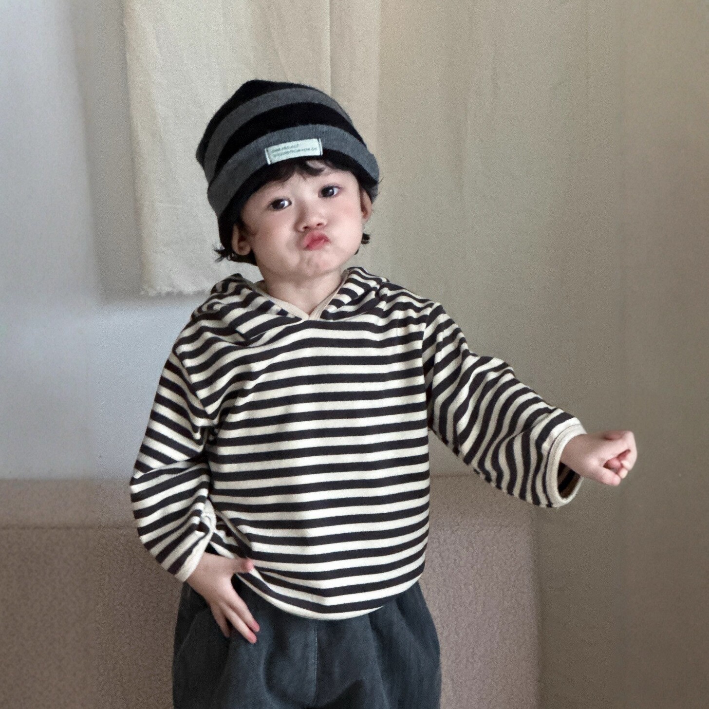 男童秋冬加厚连帽条纹卫衣婴儿内搭打底套头衫宝宝室内保暖上衣