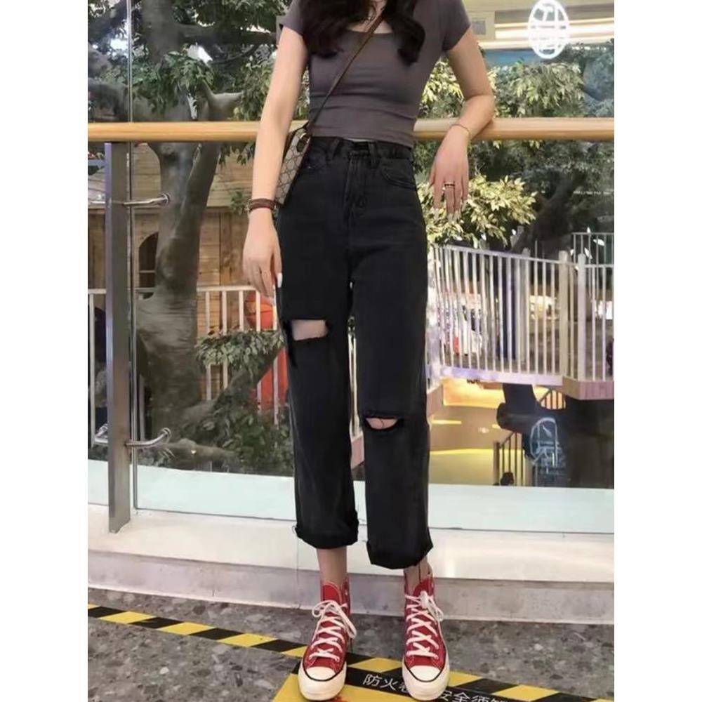 大码女裤夏季新款胖妹妹mm高腰破洞牛仔裤薄款宽松显瘦直筒九分裤