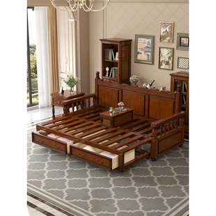 实木沙发床坐卧两用储物双人可推拉折叠小户型伸缩罗汉床 美式