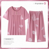 七分裤 睡衣女夏季 纯棉两件套妈妈薄款 中年人短袖 套头大码 女家居服