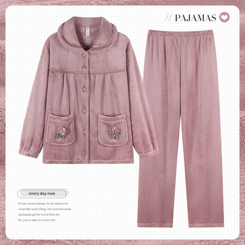 法兰绒女款中年妈妈睡衣保暖家居