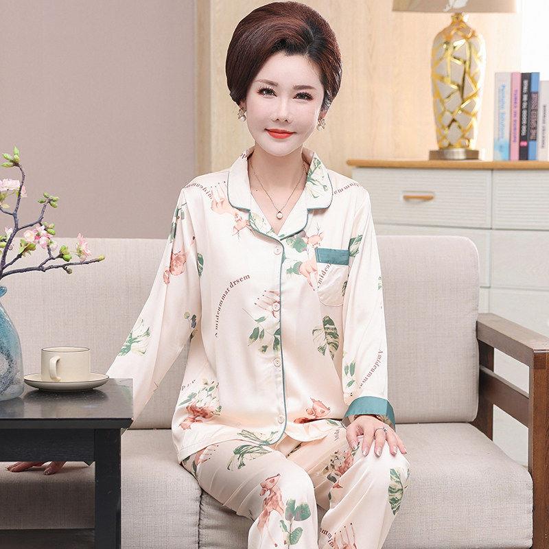 妈妈睡衣丝绸长袖春秋款中年女士冰丝家居服薄款大尺码真丝夏季套