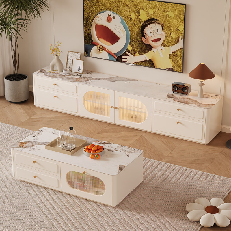 高款奶油风电视柜客厅家用茶几组合简约现代法式白色电视机柜落地