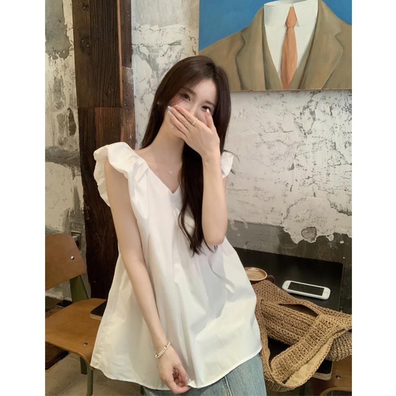 后背绑带v领白色无袖衬衫女夏中长款宽松减龄套头露背小飞袖上衣
