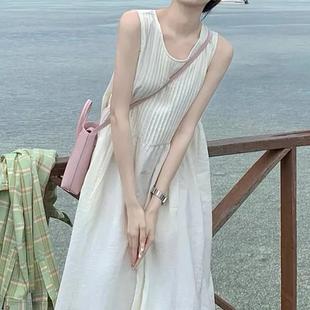 白色背心吊带连衣裙女夏小个子波西米亚云南大理海边度假长裙 法式