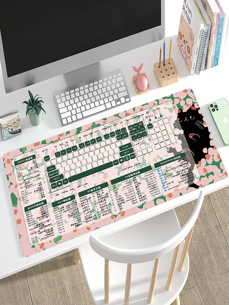 鼠标垫excel快捷键大全可爱猫咪定制女办公室桌垫超大电脑键盘垫怎么看?
