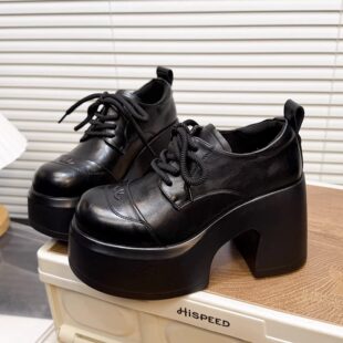 乐福鞋 日本OFFCAT9cm真皮大头系带厚底粗跟小皮鞋 女超高跟德比鞋