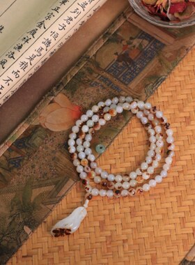 正宗新疆和田玉籽料红皮白肉玉兰花吊坠颗颗带皮6mm圆珠项链手链