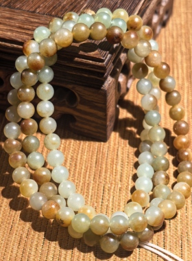 正宗新疆和田玉籽料沙枣青6mm圆珠项链108颗多圈手链沁珠天然玉石