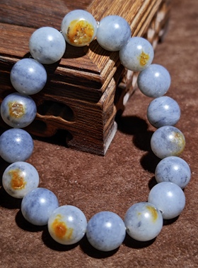 在售43.6g籽料新疆和田玉青花籽12mm圆珠手链洒金皮手串水墨意境