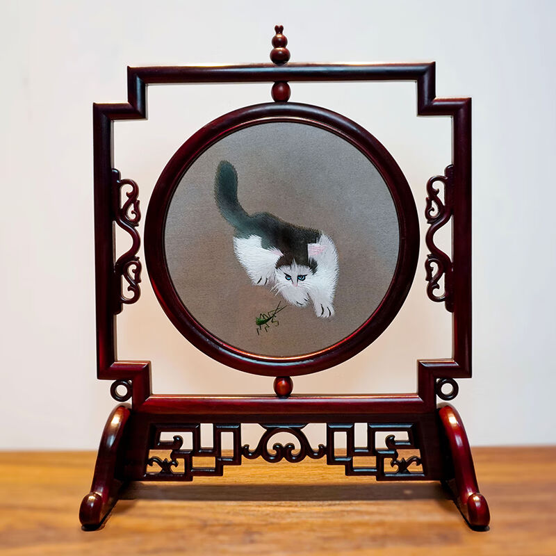 伊弥(evemi)苏绣手工双面异色绣摆件螳螂猫精品台屏客厅装饰礼