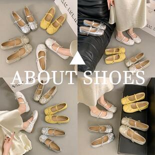 自然卷文艺女鞋仙女风玛丽珍鞋蝴蝶结单鞋软底浅口平底豆豆鞋奶奶