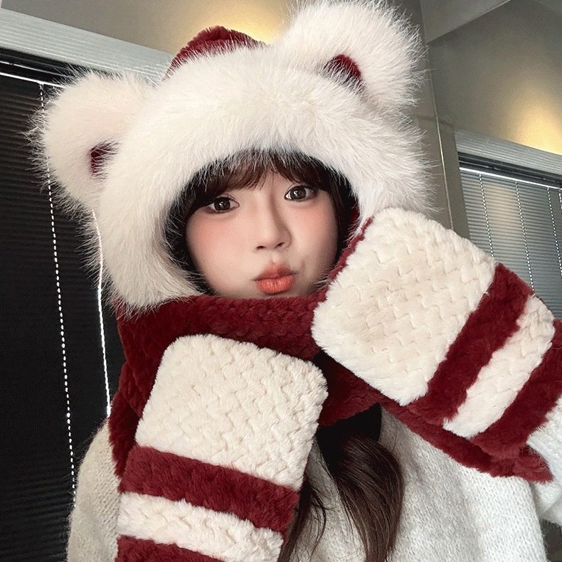 2026新款可爱小熊帽子围巾手套一体防寒保暖女秋冬加厚绒居家套装,居家日用,居家日用套装,淘宝优惠券,粉丝福利购,淘宝优惠卷