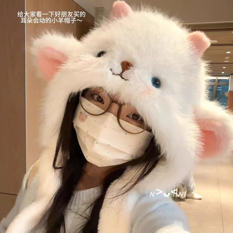 耳朵会动小羊帽子围巾一体女新款秋冬季加厚绒防寒护耳帽居家套装,居家日用,居家日用套装,淘宝优惠券,粉丝福利购,淘宝优惠卷