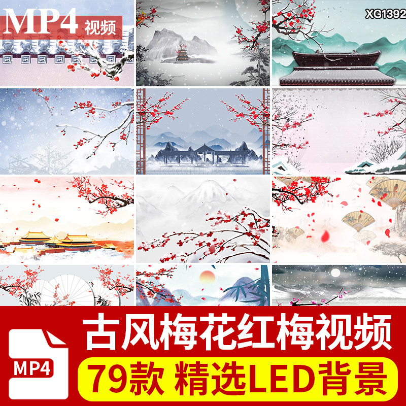 中国风古典梅花红梅古风唯美雪景冬梅大屏幕led戏曲背景视频素材