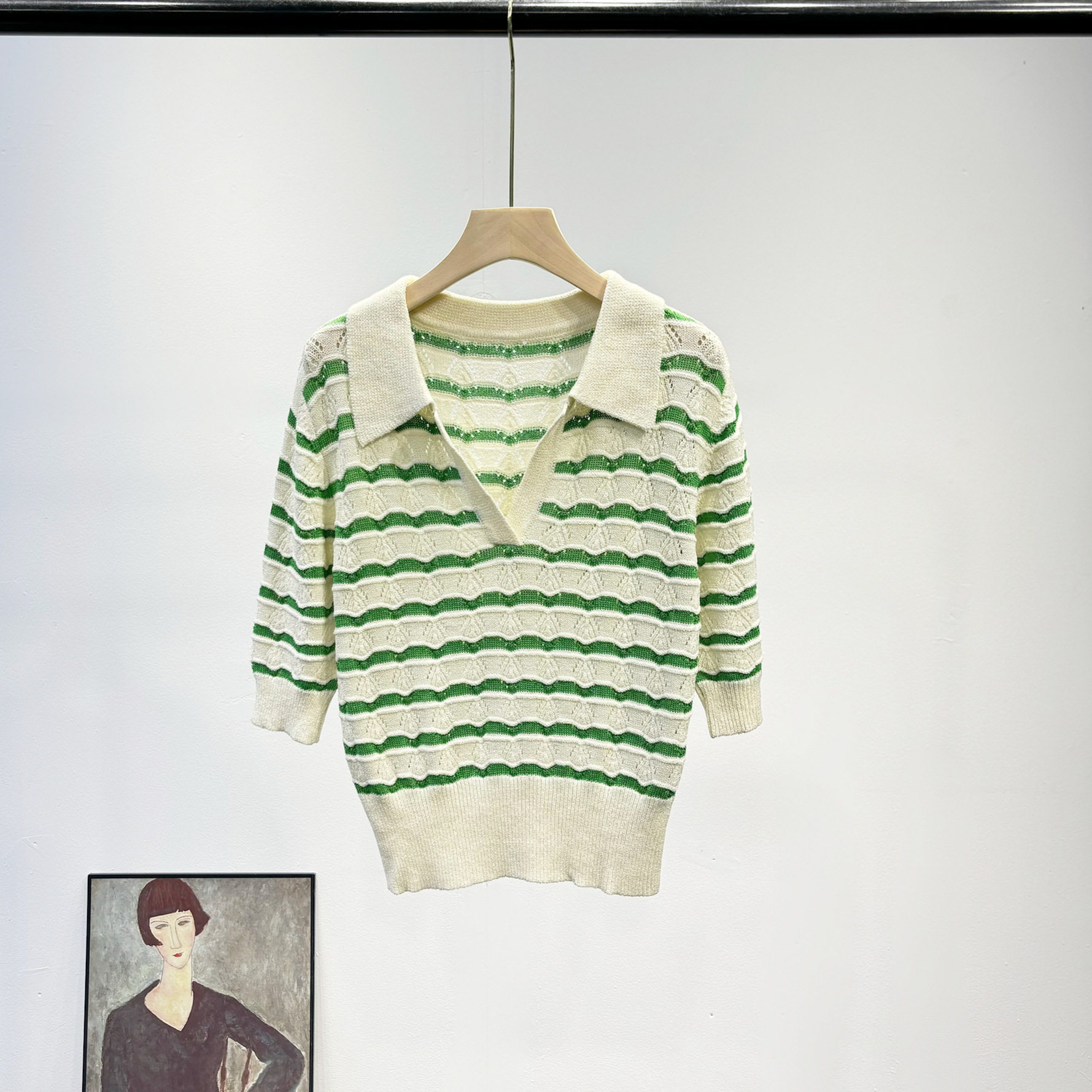 S家春季女装新款法式小清新POLO领镂空条纹针织衫女短袖套头上衣