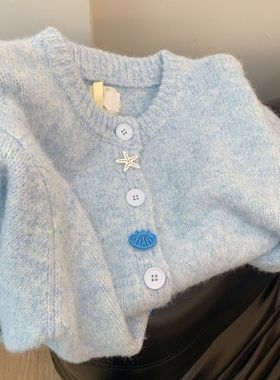 代发奶蓝色温柔风软糯感针织开衫春秋季女奶慵懒减龄毛衣