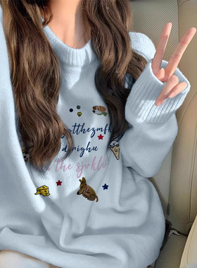 蓝色软糯毛衣女秋冬加绒加厚宽松慵懒风别致设计感套头针织衫上衣