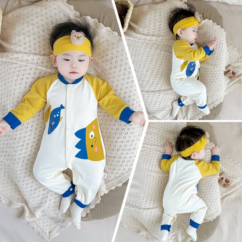 男宝宝长袖连体衣纯棉薄款婴儿哈衣卡通可爱外出服新生儿爬服秋季