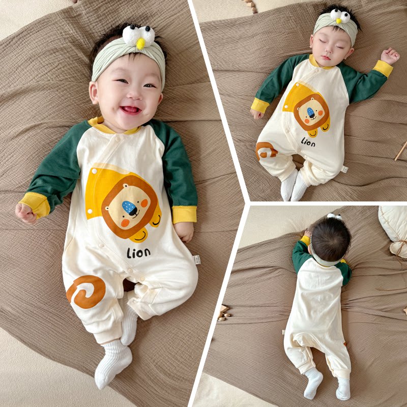 刚出生婴儿长袖连体衣纯棉满月衣服春秋款新生儿宝宝哈衣卡通狮子