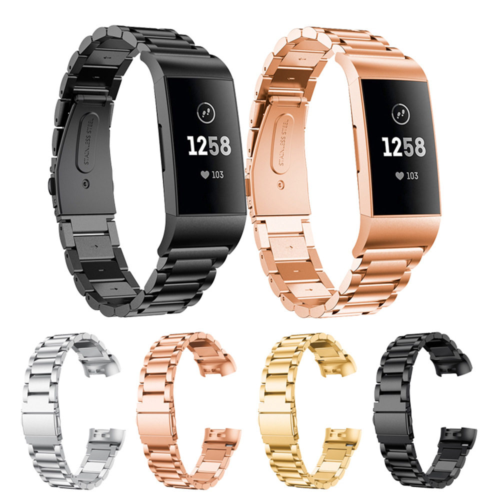 适用Fitbit Charge2/3/4/5三珠金属表带Charge 3SE不锈钢腕带钢带