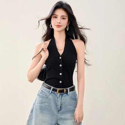 设计感挂脖无袖针织吊带背心女夏季薄款修身显瘦外穿气质开衫上衣
