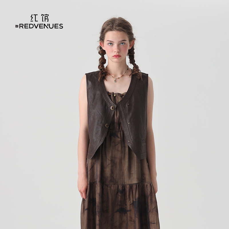 红馆inRedvenues设计款马夹环保pu皮马甲女外搭老钱风叠穿背心