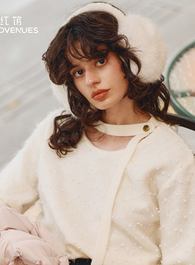 红馆25冬季新款套头毛衣女白色V领毛衣可外穿内搭慵懒高级感上衣