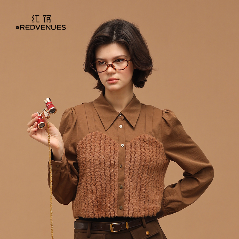 红馆|设计师款水貂毛拼接衬衫女复古女士衬衫轻奢高级感气质上衣