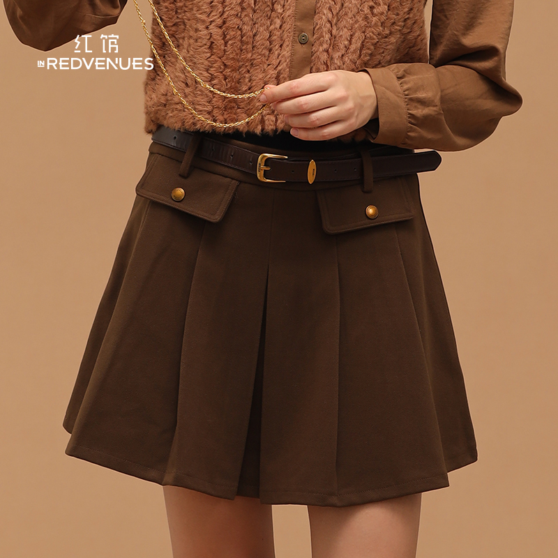 红馆2025秋冬新款短裙黑色高腰百褶裙jk学院半身裙a字包臀迷你裙