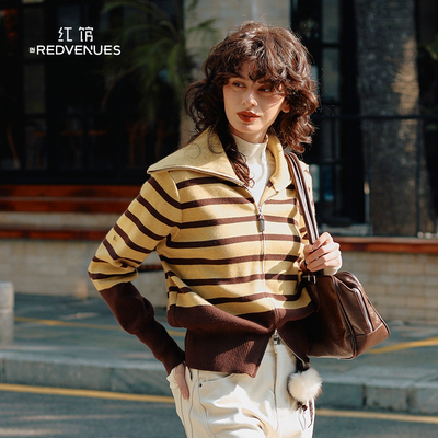 红馆2025冬季新款条纹毛衣女圣诞穿搭高领毛衣海军领黄色毛衣修身