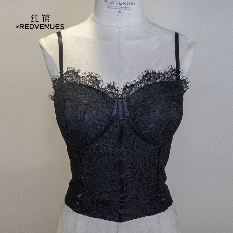 红馆25夏季款黑色蕾丝吊带背心女内搭带胸垫美背抹胸上衣辣妹穿搭
